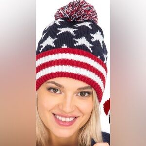 Parquet American Flag Knit Pom Beanie Ski Hat with Stars